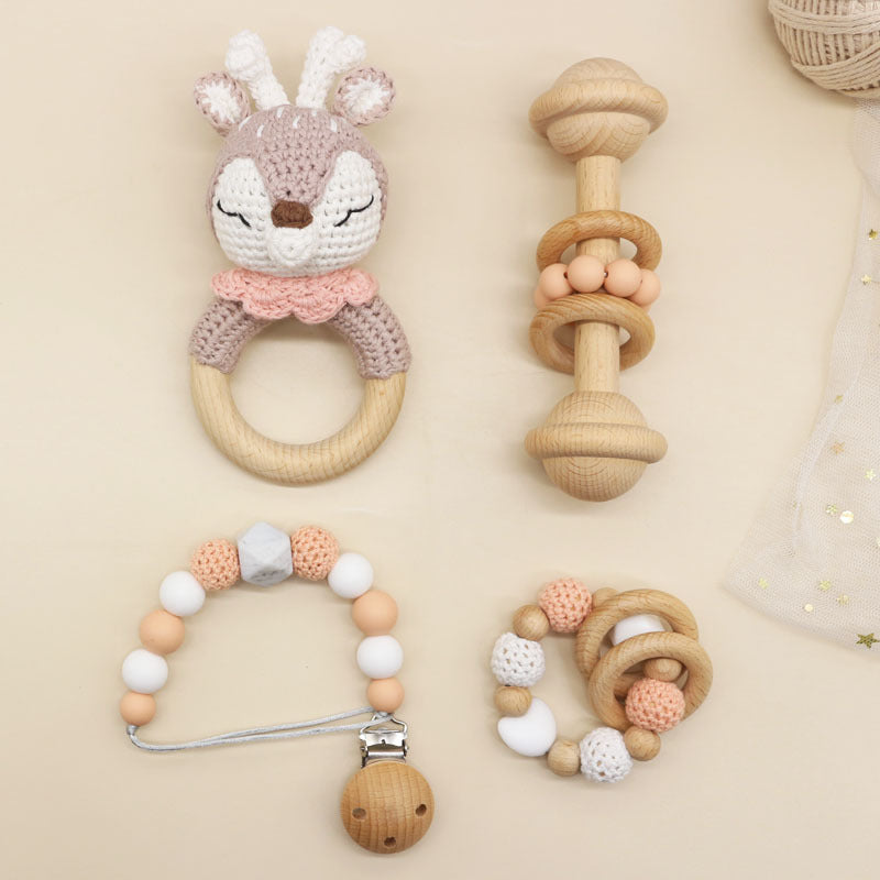 Handmade Crochet Baby Rattle & Wooden Teether – Safe Sensory Toy Set