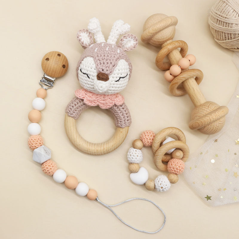 Handmade Crochet Baby Rattle & Wooden Teether – Safe Sensory Toy Set