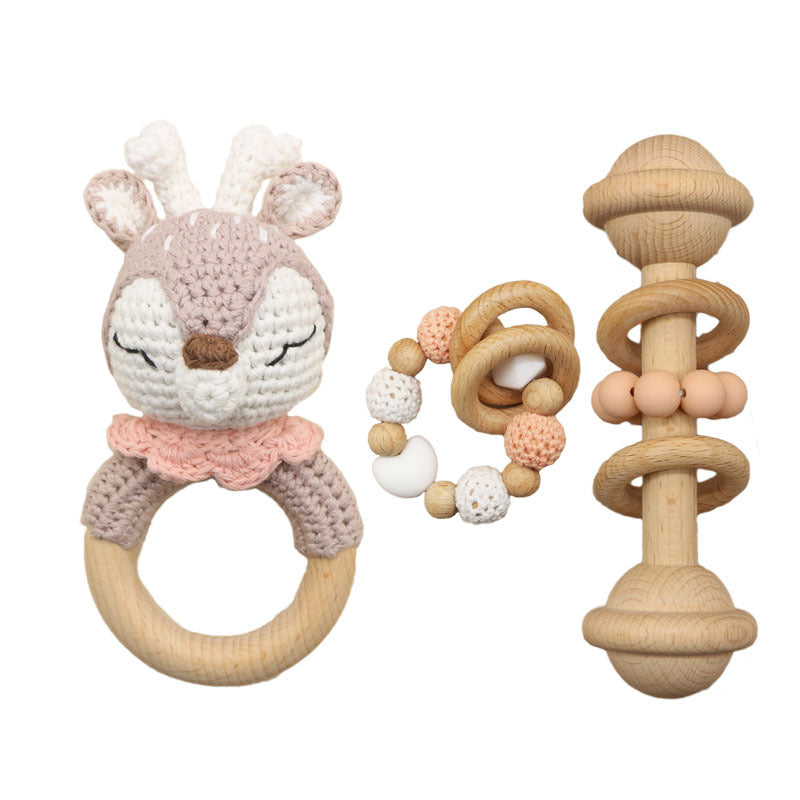 Handmade Crochet Baby Rattle & Wooden Teether – Safe Sensory Toy Set