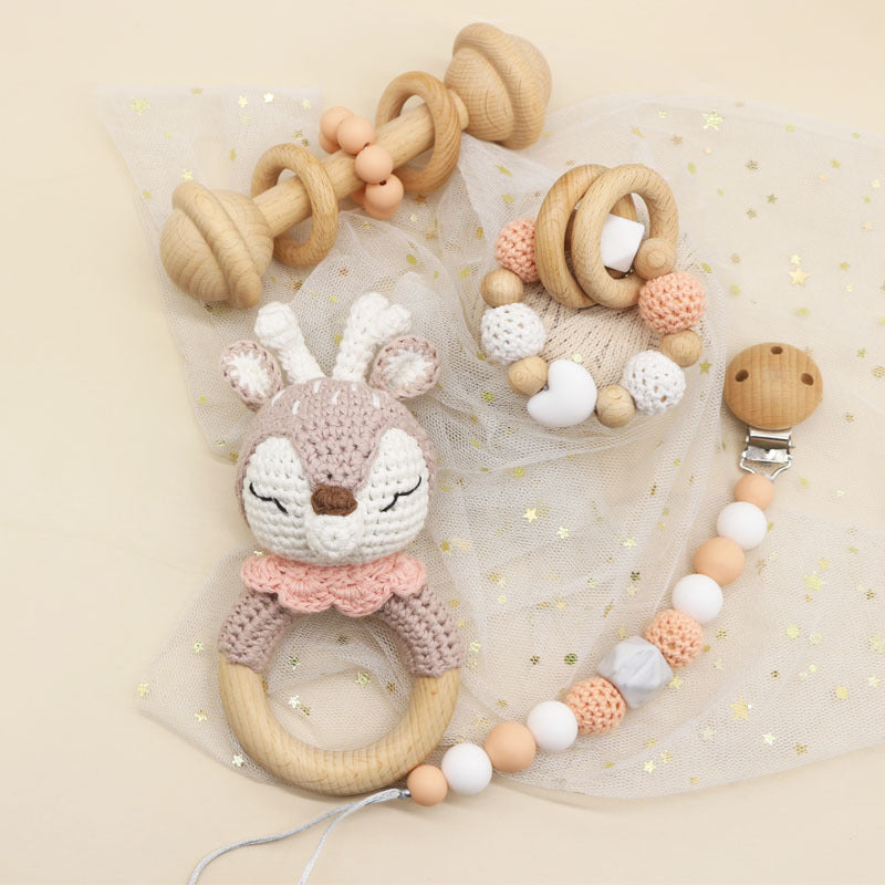 Handmade Crochet Baby Rattle & Wooden Teether – Safe Sensory Toy Set